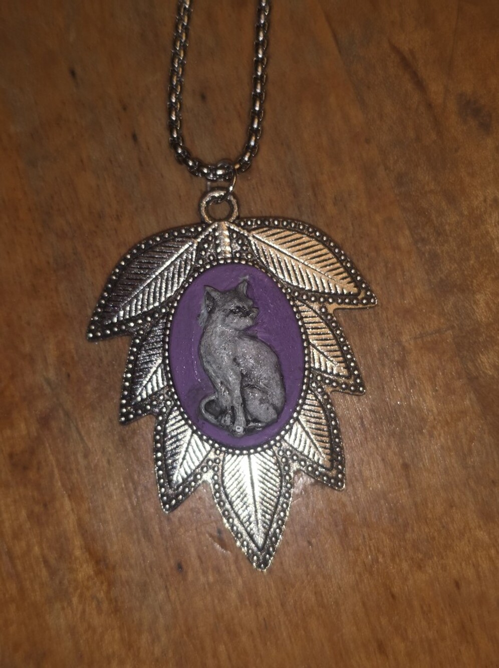 Handpainted Cat In Lavender Cameo Pendant On Stainless Steel Chain Necklace